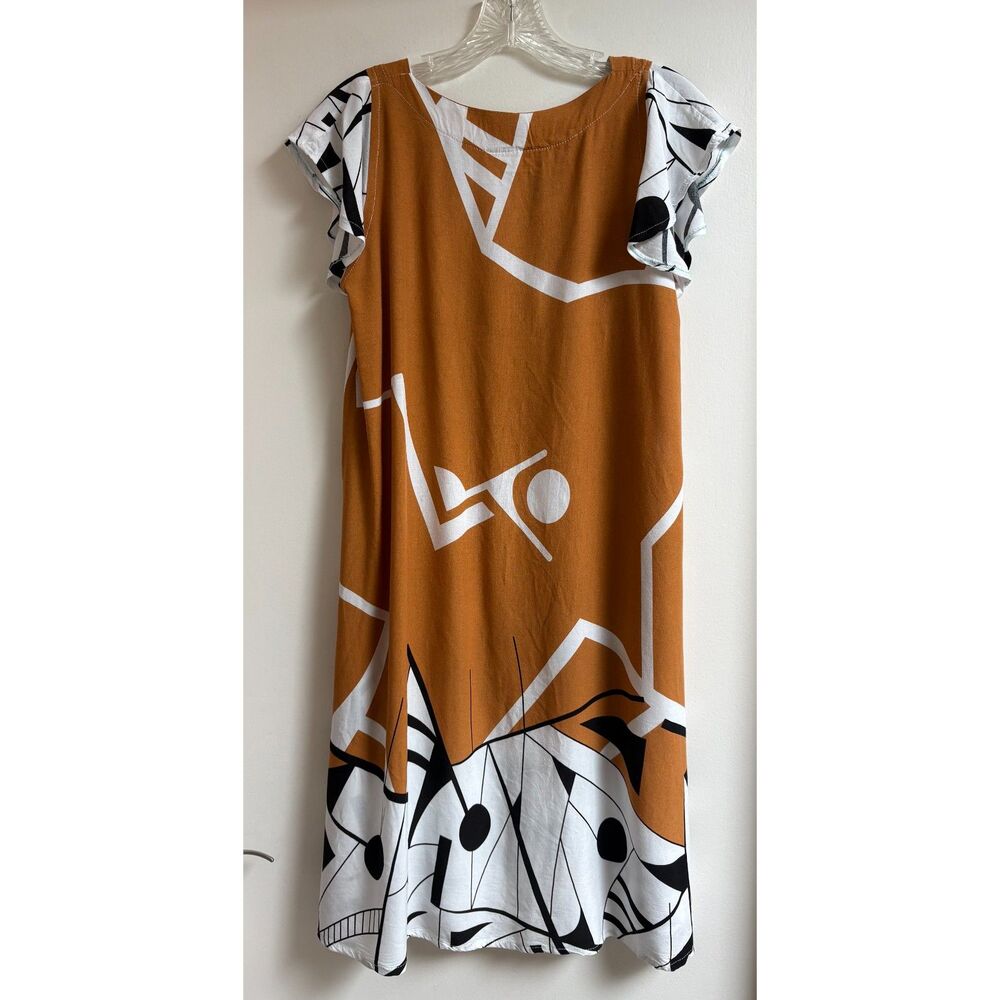 Abstract Yellow Sundress Geometric M Shift Flutter 90s Pocket Vtg Buenas Duster - Picture 3 of 8